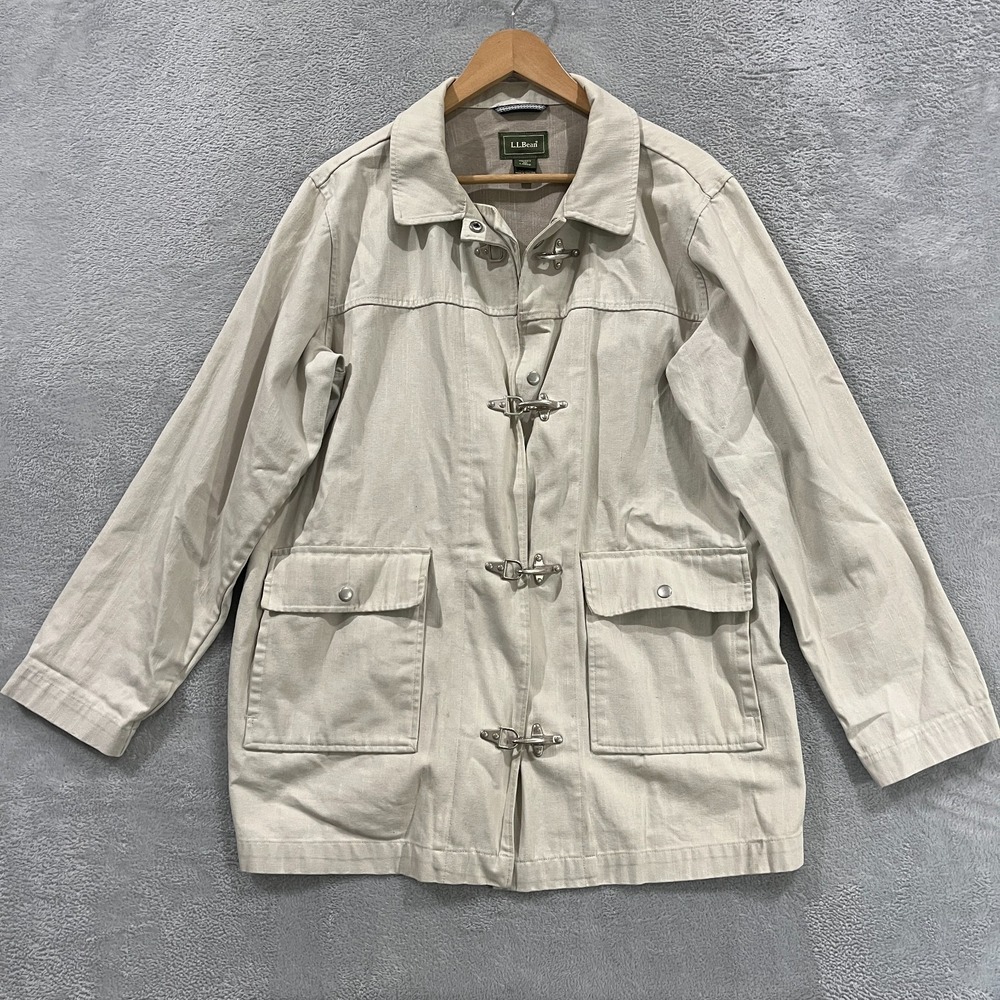 L.L. Bean Canvas Fireman Jacket Womens L Beige Long Sleeve Utility Toggle Front